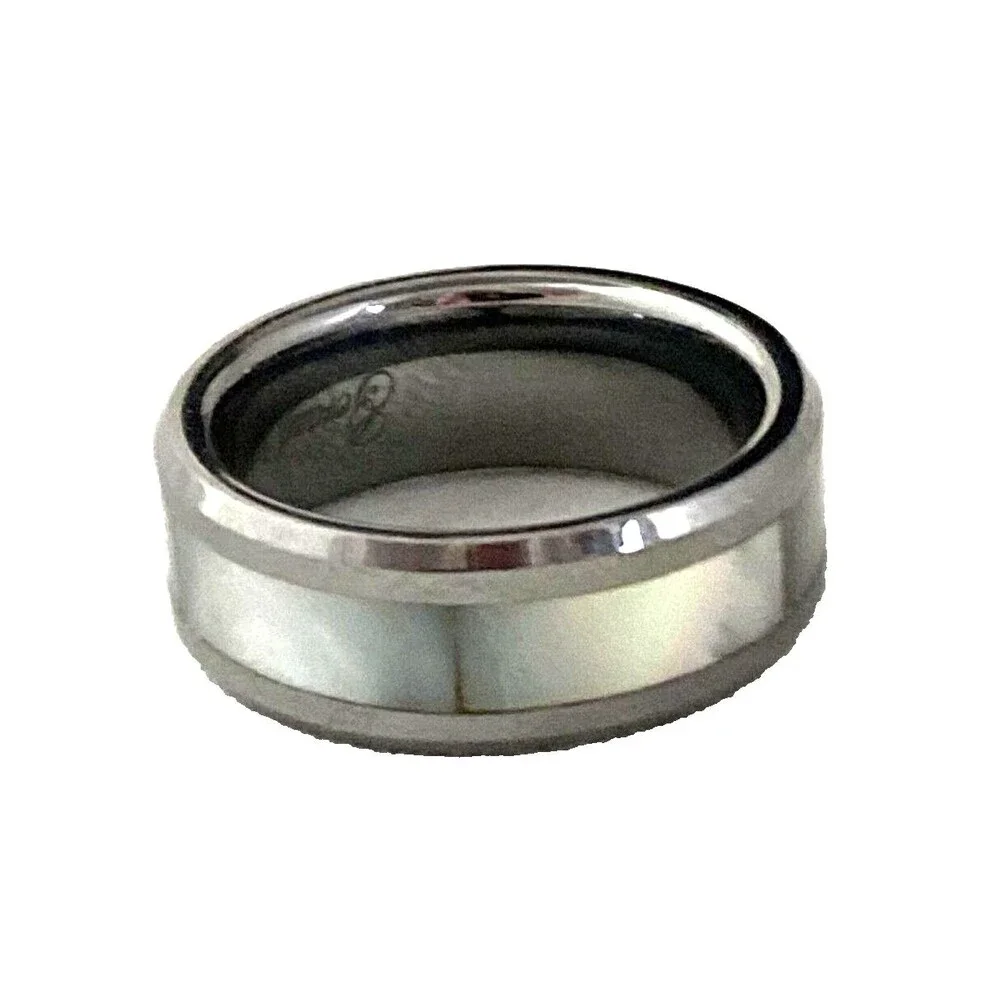 Geraud Tungsten Ring Wedding Band Mother of Pearl Inlay Beveled Comfort Fit sz 7